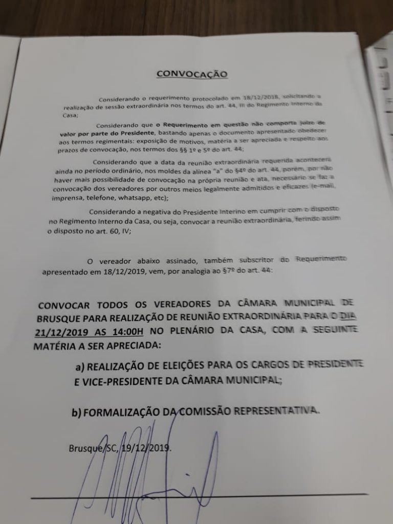 Documento que convoca eleições para presidência da Câmara