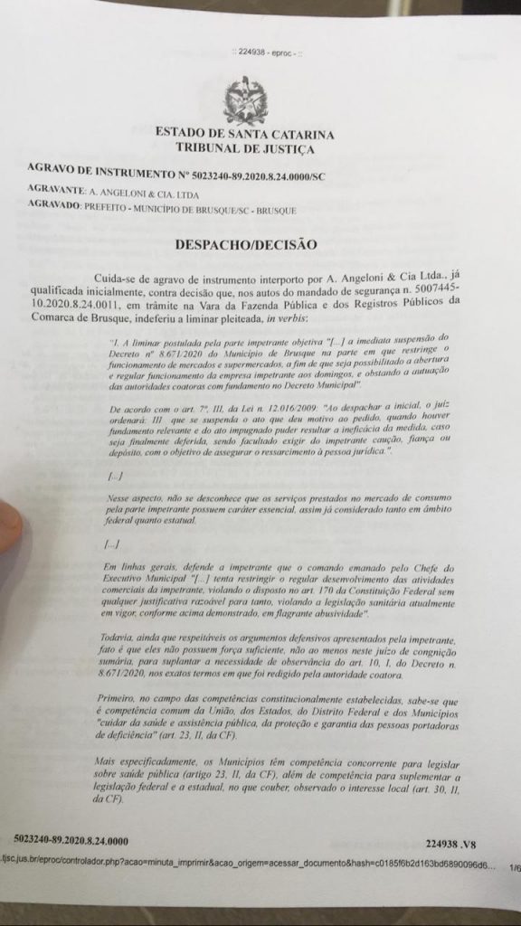 Liminar impetrada pelo Angeloni para abrir neste domingo, 26