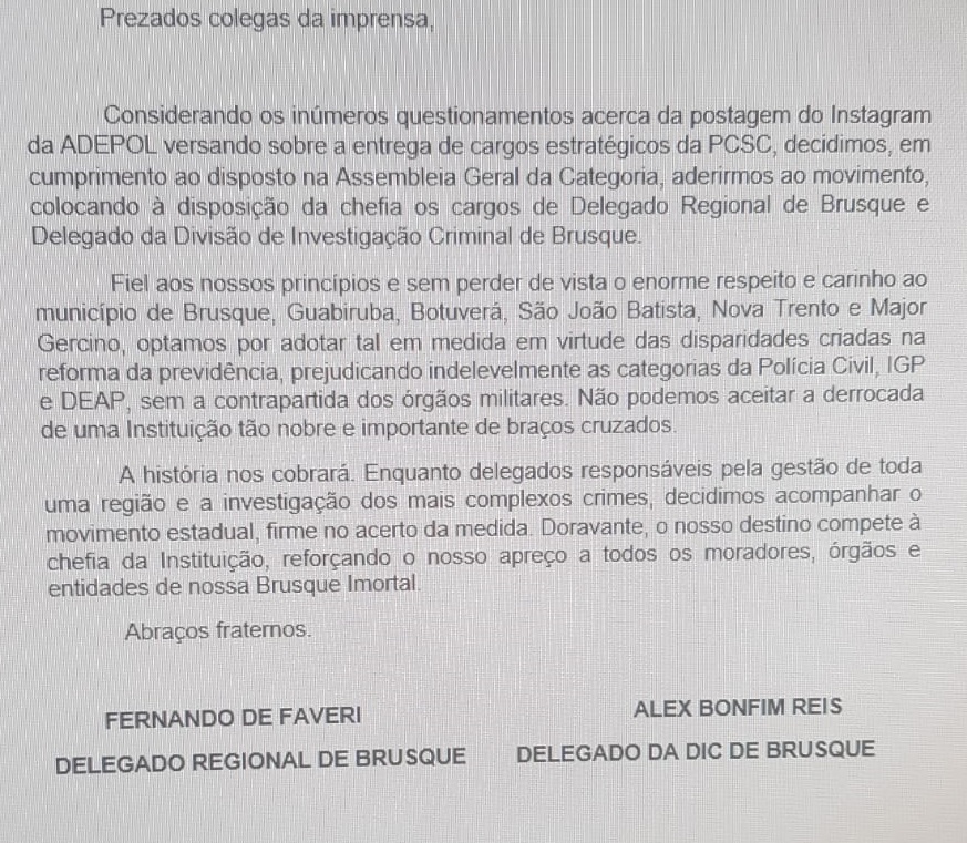 Carta assinada pelos delegados em face da manifestação contra o projeto da Reforma da Previdência em Santa Catarina