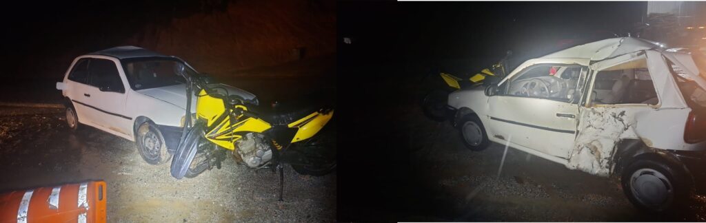 Colisão carro e moto registrada na noite de terça-feira, 08, na rodovia entre Brusque e Botuverá. Foto: PMRv-SC.