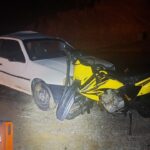 Colisão carro e moto registrada na noite de terça-feira, 08, na rodovia entre Brusque e Botuverá. Foto: PMRv-SC.