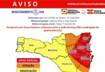 Nova atualização da Defesa Civil de SC alerta sobre fortes temporais