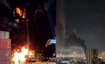 Incêndio atinge guindaste no Porto de Itajaí e mobiliza bombeiros