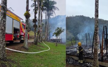 Incêndio destrói casa de madeira em chácara em Guabiruba