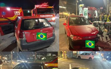 Duas pessoas ficam feridas em colisão envolvendo dois carros e uma moto no bairro Maluche