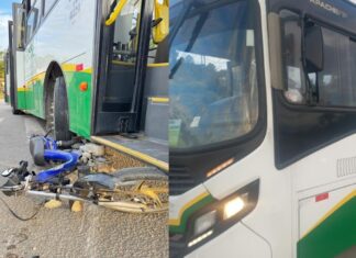 Idoso fica ferido após acidente envolvendo ônibus e ciclomotor no Limoeiro
