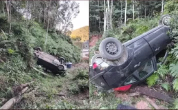 Capotamento deixa dois homens feridos no bairro Rio Branco, em Brusque