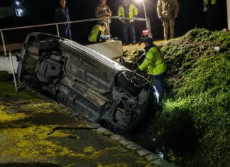 Atualização: Homem fica em estado gravíssimo após carro sair da pista e cair em ribeirão na Avenida Primeiro de Maio, em Brusque