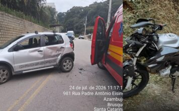 Corpo de Bombeiros registra colisão carro e moto no bairro Azambuja