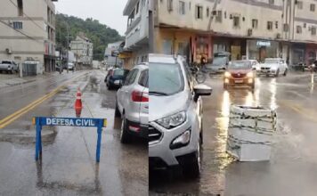 Chuva: buraco com risco de acidente na Rua Azambuja é sinalizado