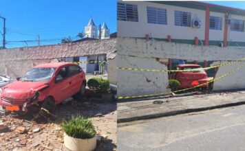 Motorista fica inconsciente após carro atravessar muro de escola em Brusque