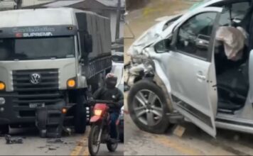 Vídeo: Colisão frontal entre carro e carreta deixa casal ferido no bairro Águas Claras, em Brusque
