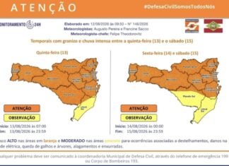 Alerta da Defesa Civil: Possibilidade de temporais com risco de granizo e chuva intensa entre quinta-feira (13) e sábado (15)