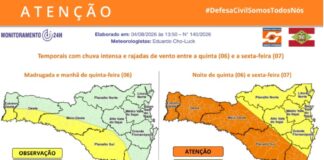 Defesa Civil do estado alerta para possíveis temporais, chuva intensa e rajadas de vento entre a quinta-feira (06) e a sexta-feira (07)