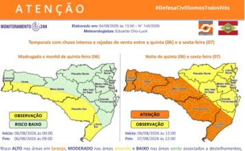 Defesa Civil do estado alerta para possíveis temporais, chuva intensa e rajadas de vento entre a quinta-feira (06) e a sexta-feira (07)
