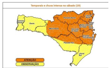 Defesa Civil alerta para volumes elevados de chuva no sábado, 19, em diferentes regiões de SC