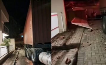 Carreta derruba muro de residencial no bairro Souza Cruz