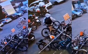 Câmera de vigilância registra furto de bicicleta em supermercado